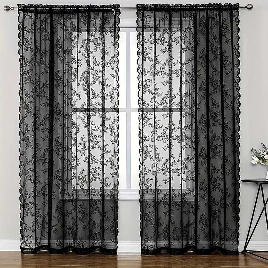 Vintage Lace Door Curtain with Wave Edge – Semi-Sheer Floral Embroidered Rod Pocket Panel for Home, Hallway & Outdoor | White, Black & Green