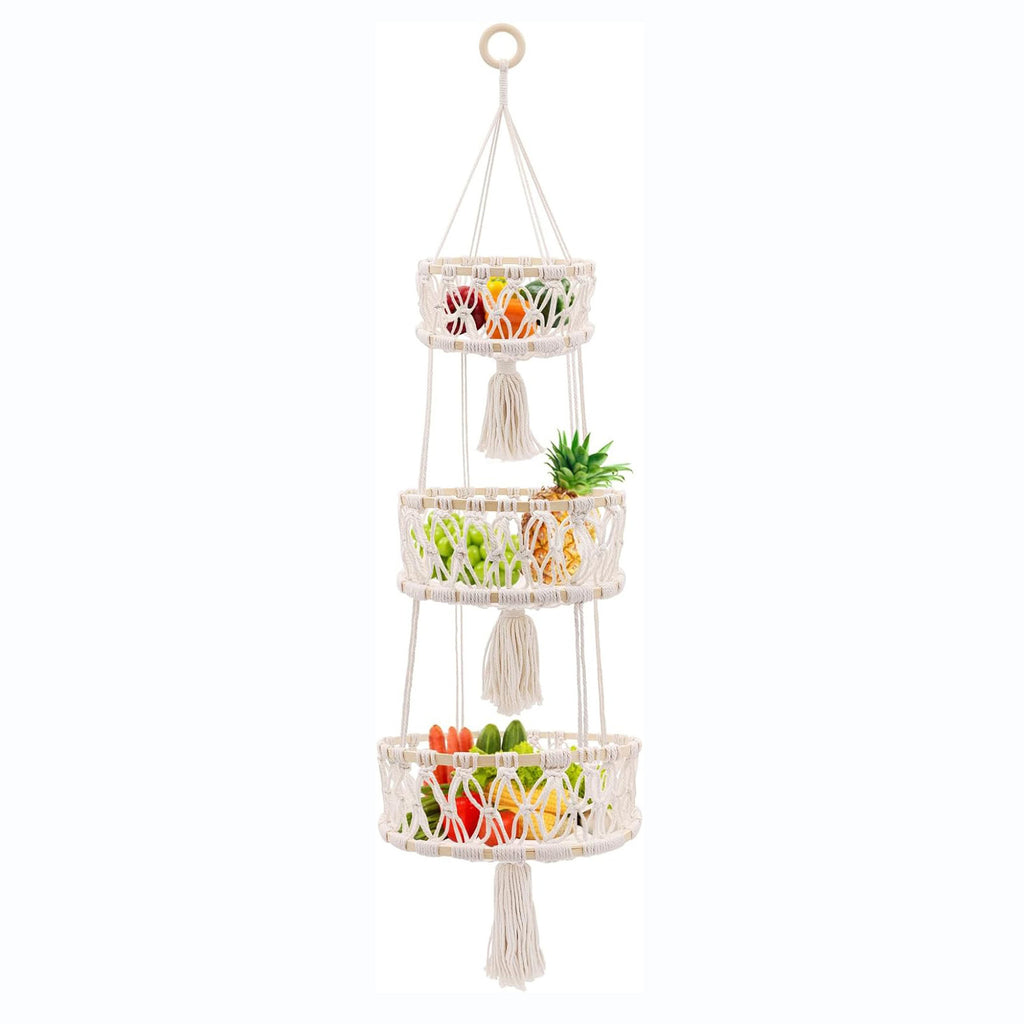 Macrame Hanging Fruit Basket 1/2/3-Tier Boho Wall Storage – Bohemian Hanging Basket for Fruits, Vegetables & Indoor Plants, Kitchen & Home Decor