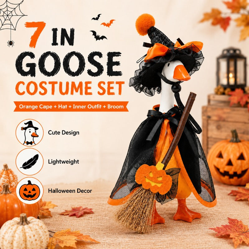 Witch Goose Dress-Up Set 4 Piece – 7-Inch Halloween Goose Statue Costume with Black Mesh Cape, Hat, Lining & Pumpkin Broom | Tabletop Goose Decor Outfit for Indoor & Porch Decoration