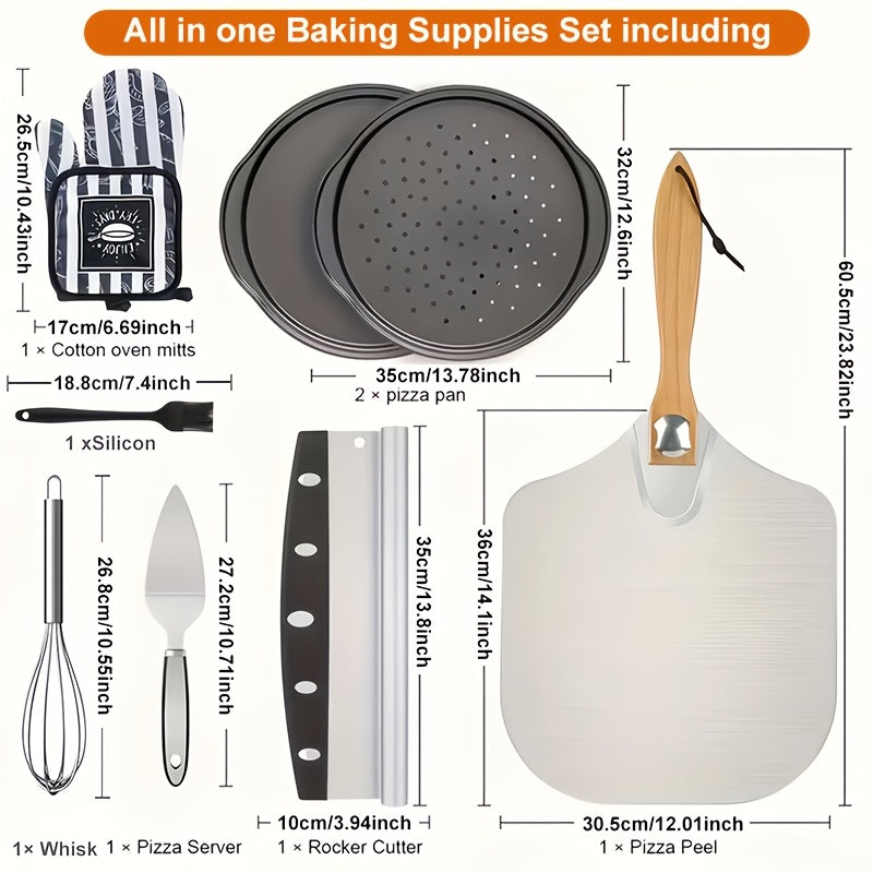 Pizza Making Set 7 or 8pcs – Aluminum Pizza Peel, Carbon Steel Pan, Rocker Cutter, Pie Server, Silicone Brush & Oven Mitts, Complete Pizza Tools for Oven & Grill