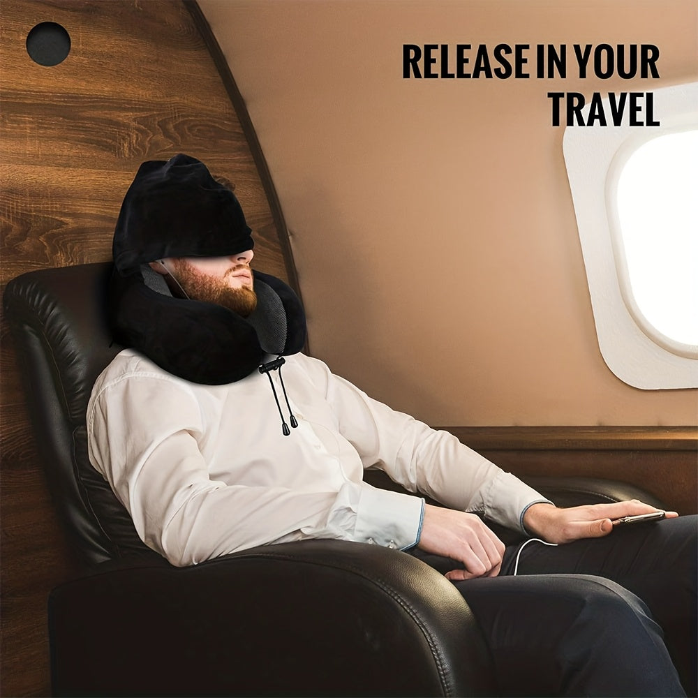 Hooded U-Shaped Travel Neck Pillow with Hood & Light-Blocking Cover – Airplane Nap Pillow for Adults, Home Office Sleep Support, U-Shape Neck Rest