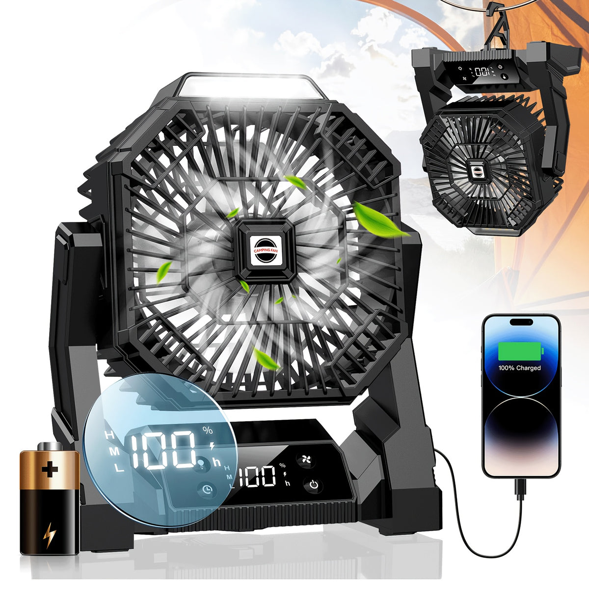 20000mAh USB Rechargeable Compact Fan with LED Light, Digital Display & Emergency Charging – Tent Hook Included, Portable Fan for Camping, Office, Gym & Home