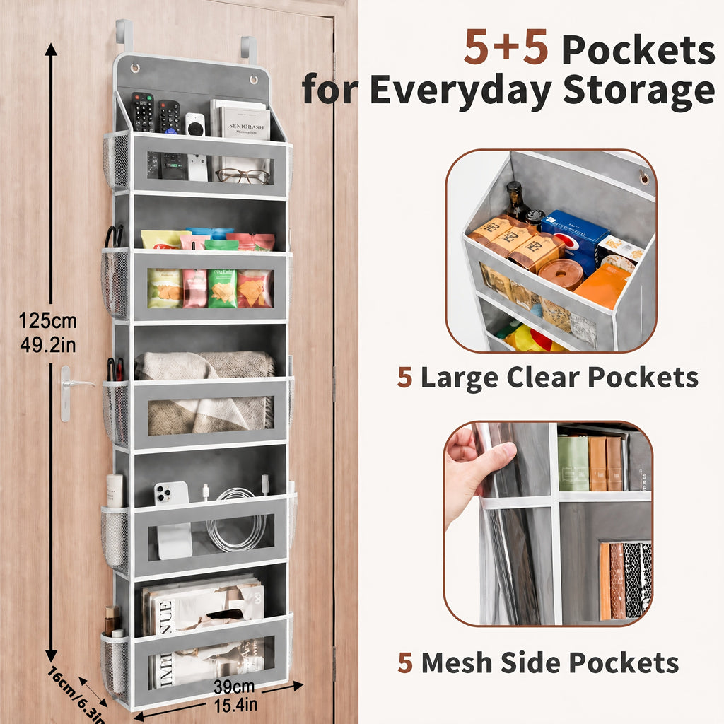 5-Shelf Over Door Hanging Organizer Non-Woven – No Drill Wall & Door Mount Storage Bag with Shelf Baskets for Bedroom, Bathroom & Closet