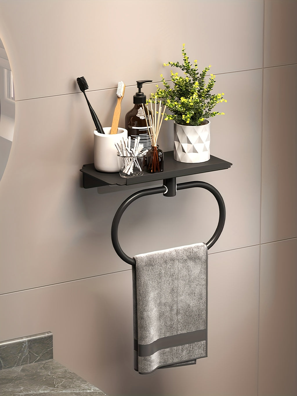 Oval Metal Towel Ring Wall Mounted – No-Drill Bathroom Organizer, Modern Matte Black Finish, Durable & Elegant Home Decor