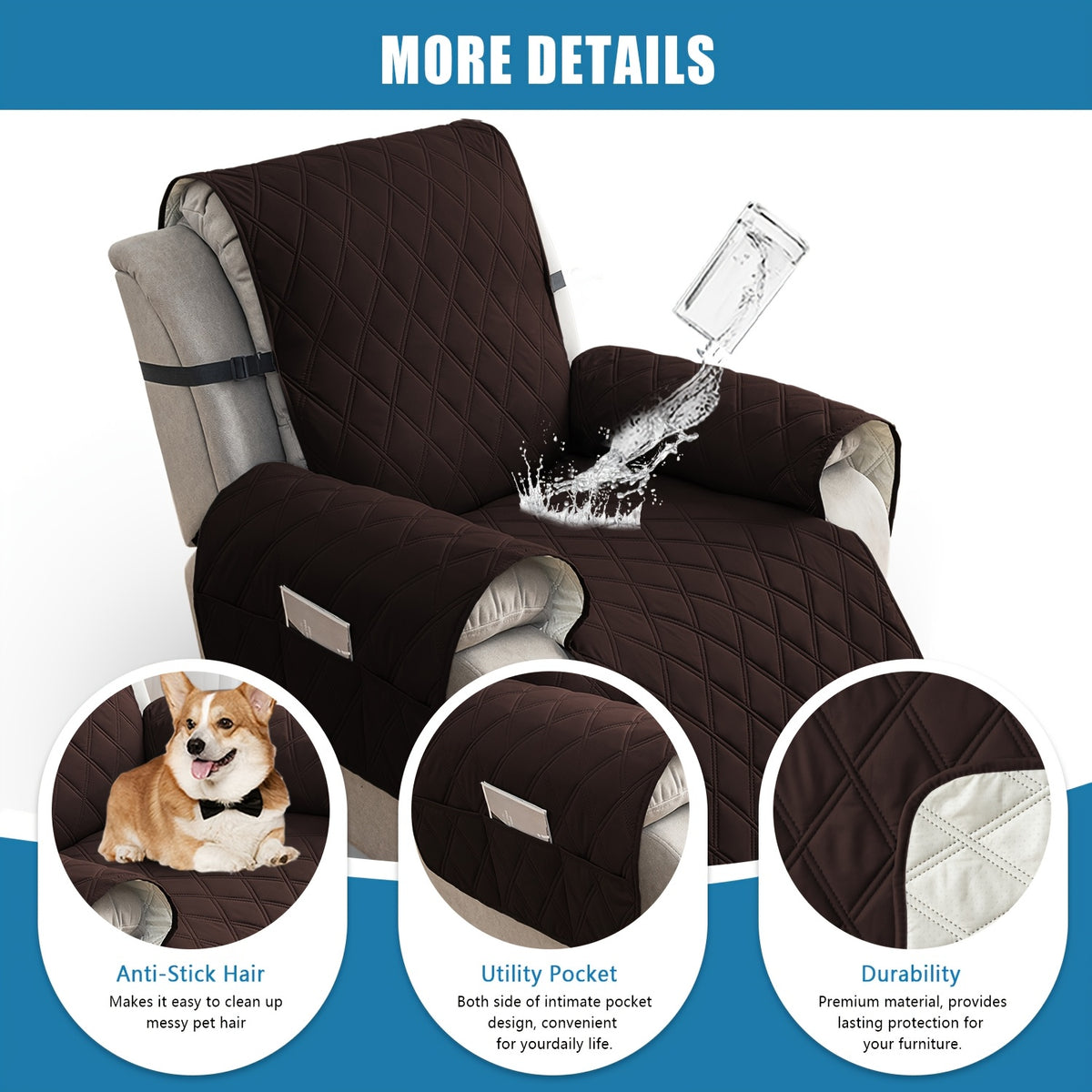Quilted Recliner Sofa Cover Anti-Slip Wear-Resistant 4-Layer Fabric Dual Side Pockets Machine Washable Pet Home Bedroom Living Room 10 Colors 2 Sizes