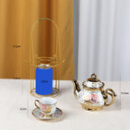 20-Piece Floral Porcelain Tea Set with Metal Holder & Teapot - European Ceramic Espresso Cup and Saucer Set, 3.3oz Cups 15oz Teapot, Afternoon Tea Gift for Golden Pink Purple Flower