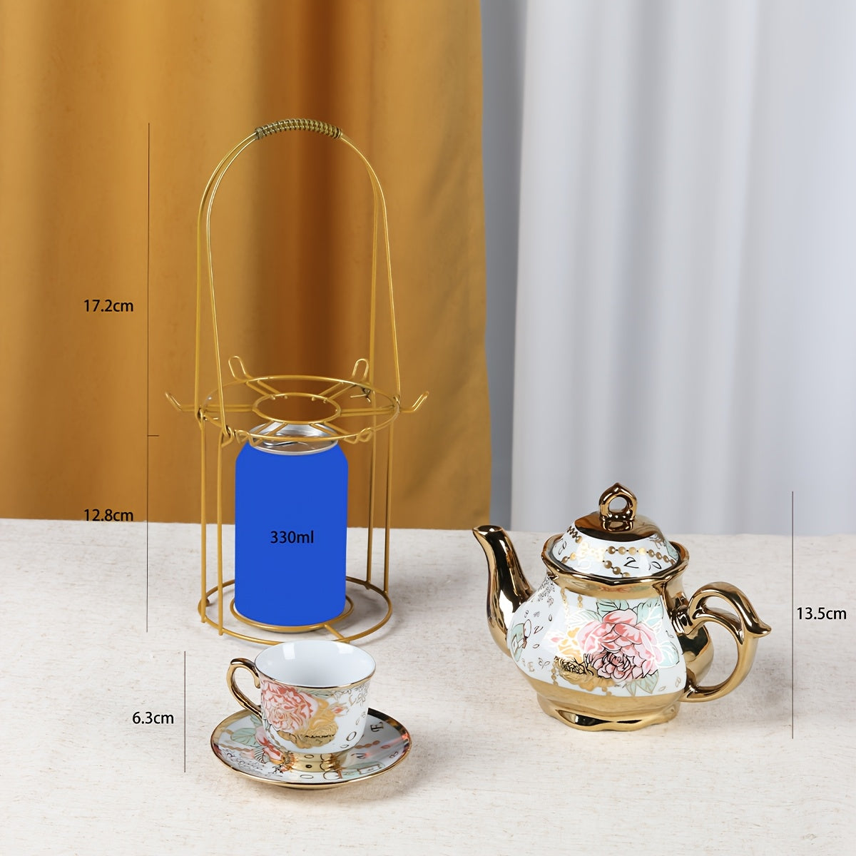 20-Piece Floral Porcelain Tea Set with Metal Holder & Teapot - European Ceramic Espresso Cup and Saucer Set, 3.3oz Cups 15oz Teapot, Afternoon Tea Gift for Golden Pink Purple Flower