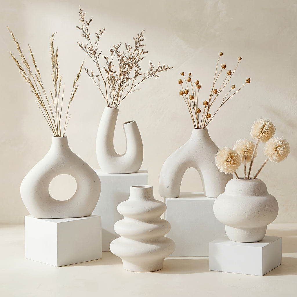 Ceramic Vase Set 5 Pieces Matte – Nordic Boho Minimalist Flower Holders for Shelf, Mantle & Entryway Table Decor | Home Decorations