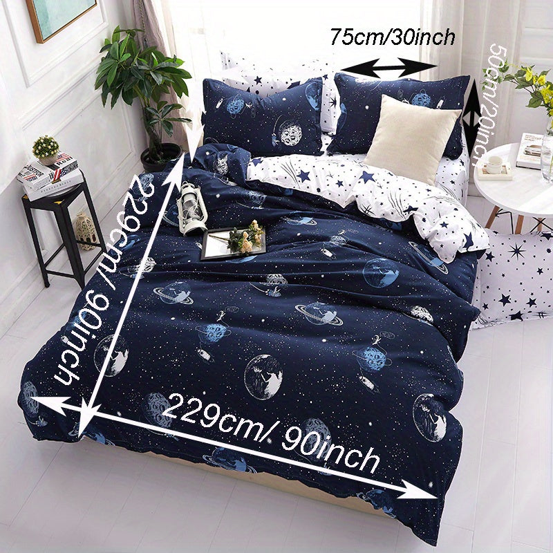 Galaxy Duvet Cover Set 3 Piece – Cartoon Star Universe Planets Print Soft Breathable Bedding with 2 Pillowcases for Bedroom Guest Room & Dorm, No Insert