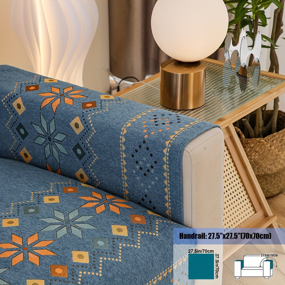 Embroidered Chenille Sofa Slipcover Bohemian Geometric Floral Pattern | Non-Slip Machine Washable Couch Cover for 1-2-3-4 Seater with Armrest & Pillow Cover Options, 6 Colors