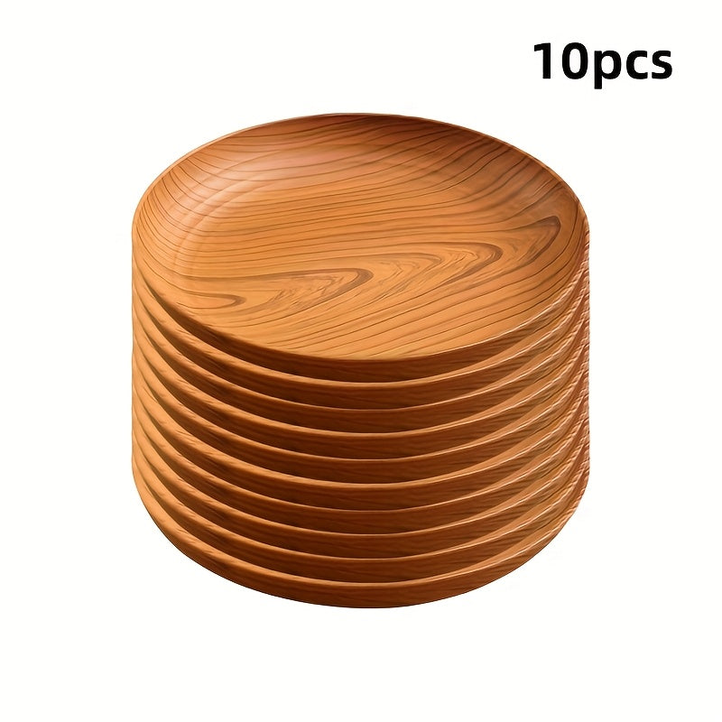 10-Piece Wood Grain Plastic Dinner Plates Round Striped Pattern Luxury Feel for Home Restaurant Dessert Shop Snack Fruit Tea Tray