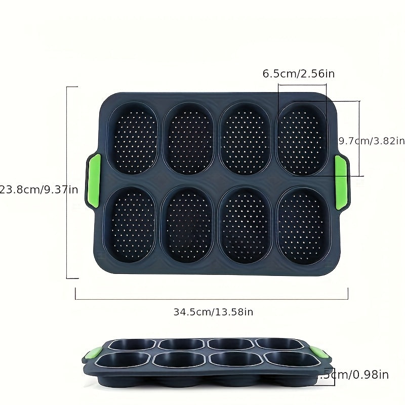 Silicone Bread Baking Pan 8-Cavity Non-Stick Perforated French-Style Mold – Food-Grade Mini Bread Tray with Handle for Homemade Rolls, Hot Dog Buns & Dinner Rolls, Dishwasher & Oven Safe