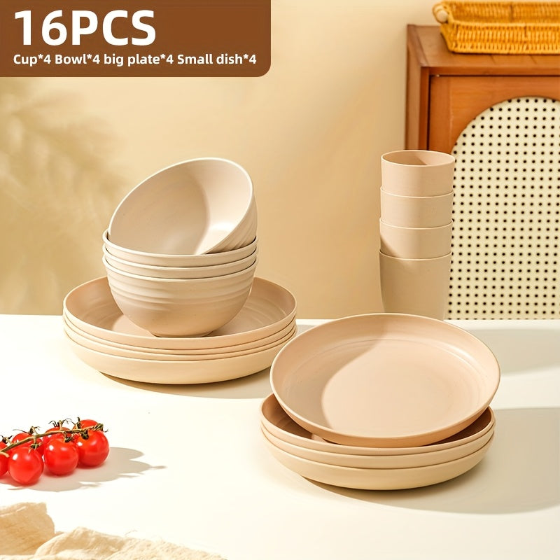 16/32-Piece Wheat Straw Dinnerware Set – Microwave & Dishwasher Safe Plates, Bowls & Cups – Lightweight Unbreakable Tableware for Family Gatherings, Birthday Parties & Camping