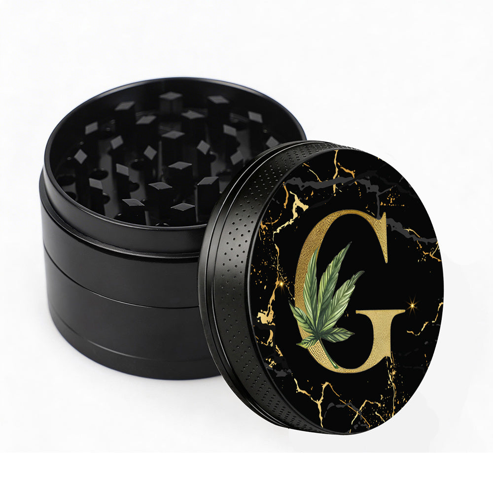 Manual Spice & Herb Grinder with Pollen Catcher - Personalized A-Z Initial Letter Metal Crusher, Portable 2 Inch Golden Marble Alphabet Design, Gift for Smokers & Herb Lovers (Black)