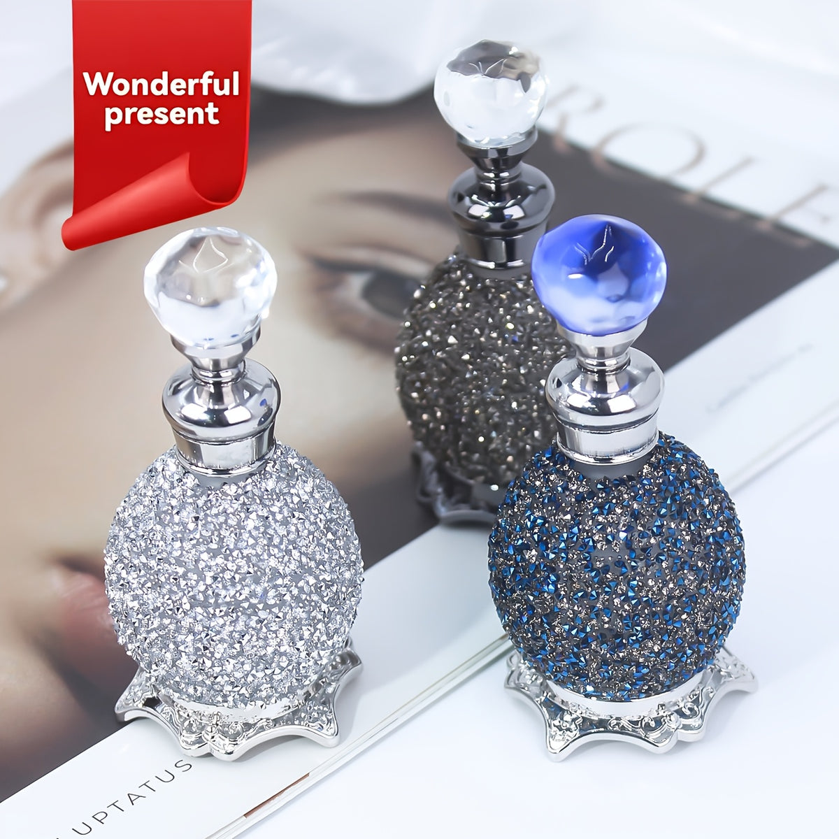 Vintage Crystal Arabic Style Empty Essential Oil Bottle 0.51oz - Portable Imitation Crystal Perfume Vial for Dressing Table, Travel & Gift Decoration