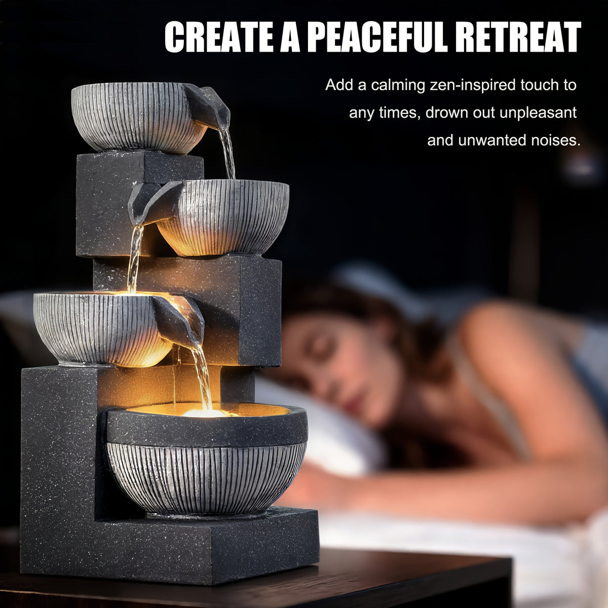 4-Tier Cascading Bowl Water Fountain 18.7" Floor Standing with LED Lights & Silent Pump – Indoor Waterfall Fountain for Home Decor, Office & Meditation