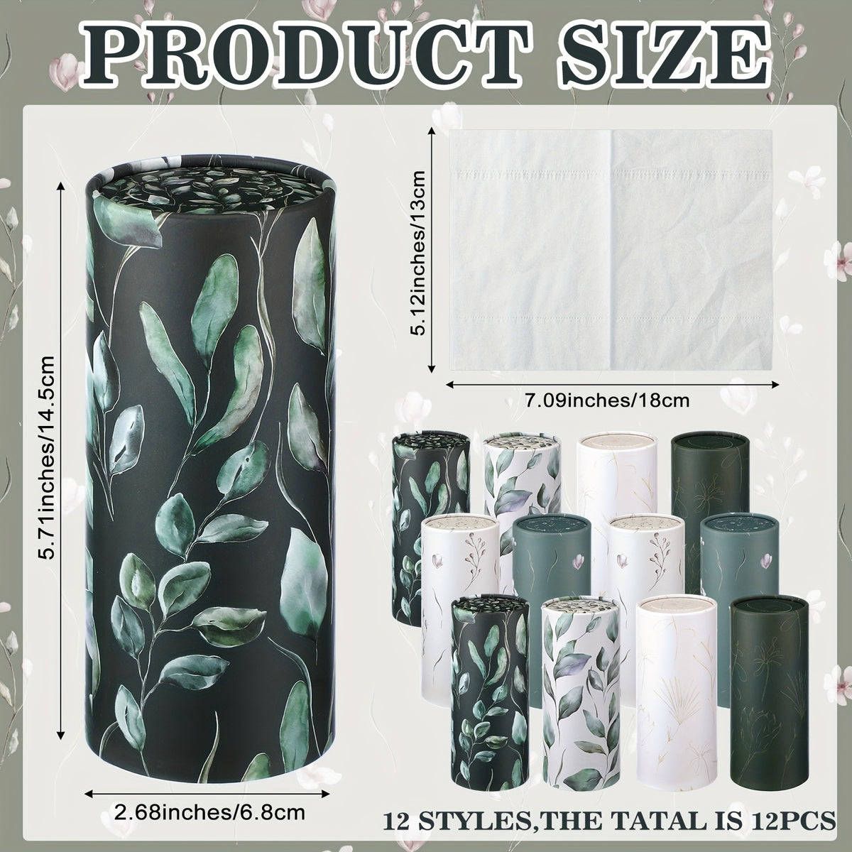 Round Car Tissue Box 12-Pack Vintage Floral Printed – Cylinder Facial Tissue Holder Bulk Set for Car Cup Holder, Travel & Home Use, Fresh Scent Design