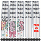 20oz Sublimation Tumblers Bulk 25 or 50 Pack – Skinny Straight Stainless Steel Insulated Sublimation Blanks with Lid & Straw, Gift Box Included