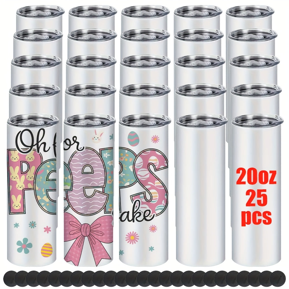 20oz Sublimation Tumblers Bulk 25 or 50 Pack – Skinny Straight Stainless Steel Insulated Sublimation Blanks with Lid & Straw, Gift Box Included