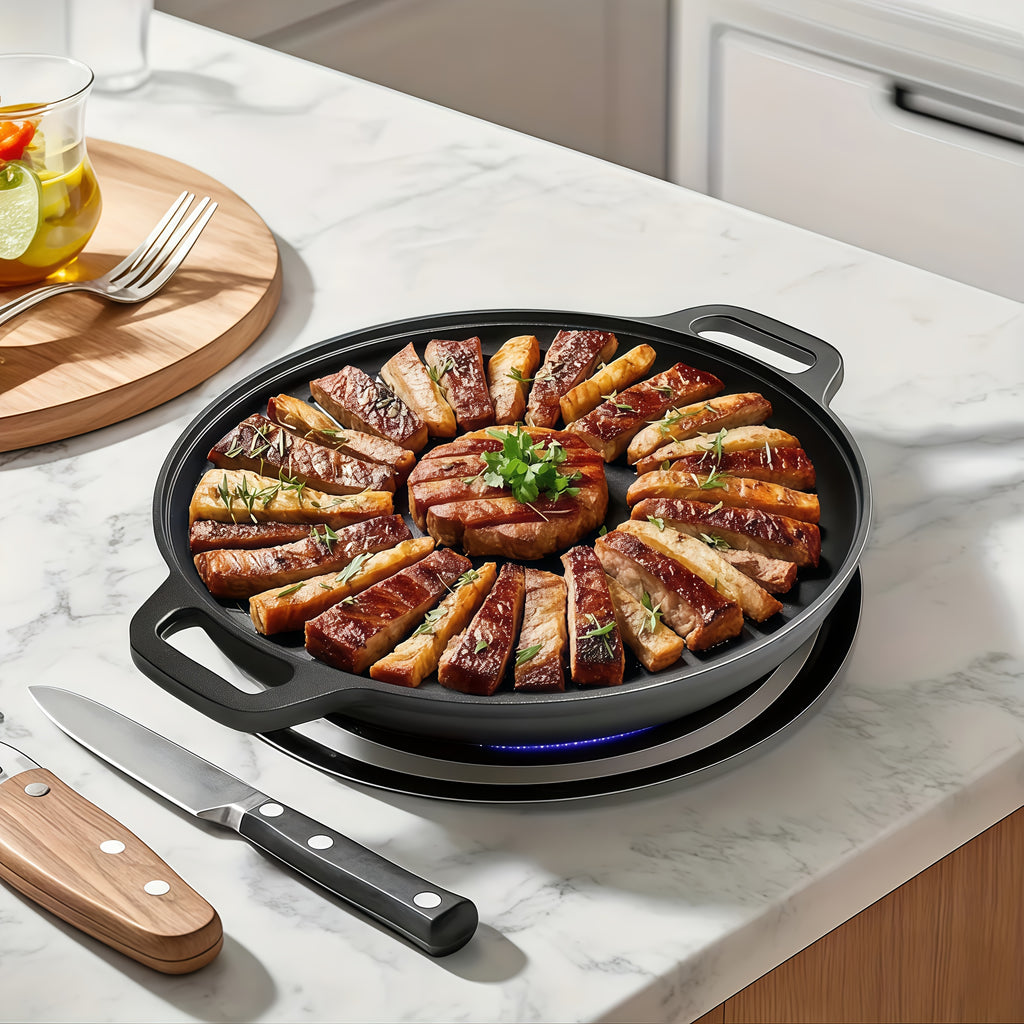 Pre-Seasoned Cast Iron Skillet 14 Inch Dual Loop Handles Nonstick Pizza Pan BBQ Pancake Griddle Oven Stovetop Grill Campfire Safe Even Heating