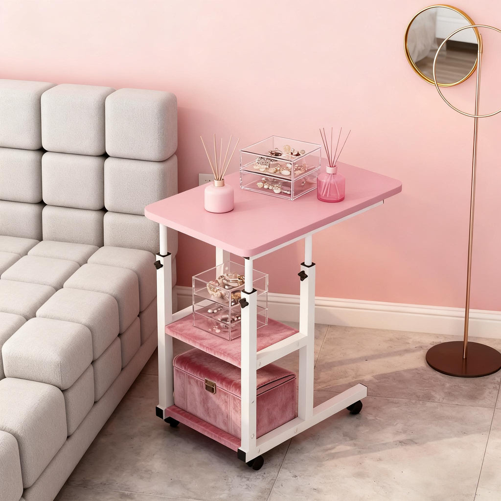 Rolling Over-Bed Table with 2-Layer Storage Rack | Mobile Bedside & Sofa Laptop Table, Solid Metal Frame, Smooth Wheels, Space-Saving Design – Multiple Colors