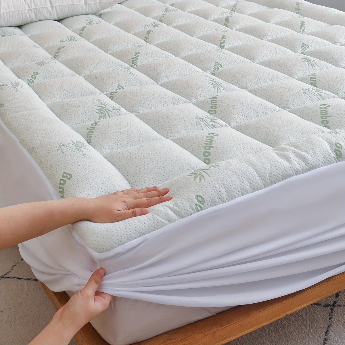 Cooling Bamboo Mattress Topper Pillow Top Mattress Pad Cover with Deep Pocket Fits 8-21 Inch - Breathable Soft Bed Topper Mattress Protector Twin Twin XL Full Queen