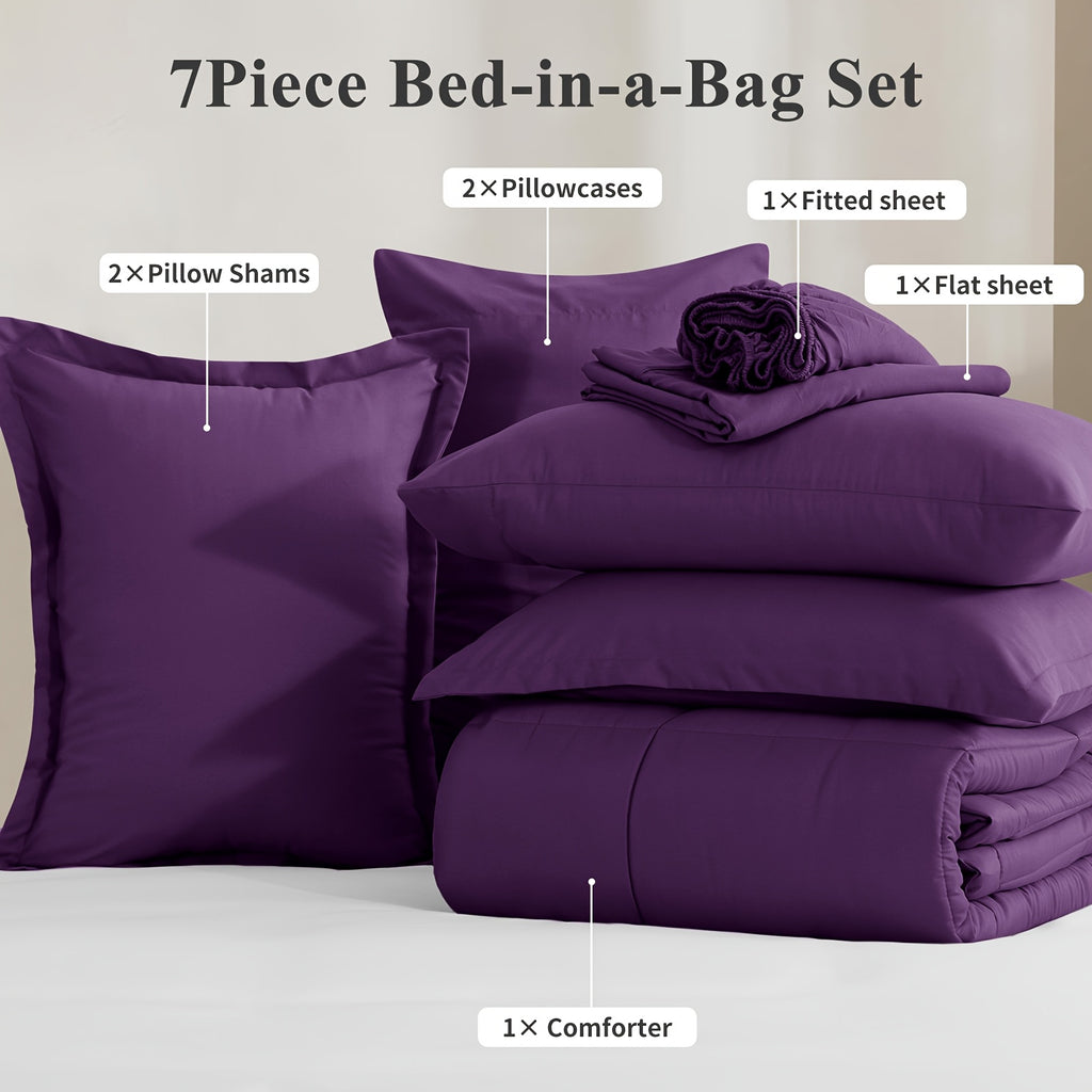 Bed in a Bag Queen 7 Piece Fluffy Comforter Set – Ultra-Soft Microfiber Bedding with Comforter, Fitted Sheet, Flat Sheet & 4 Pillowcases, Hypoallergenic Breathable All Season Bedding Gift for Her