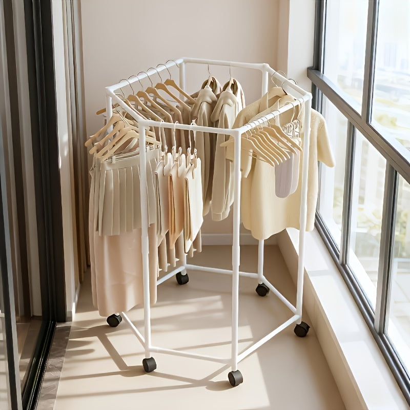 Hexagonal Rotating Clothes Rack with Wheels Large Capacity Freestanding Garment Rack for Bedroom Closet Entryway