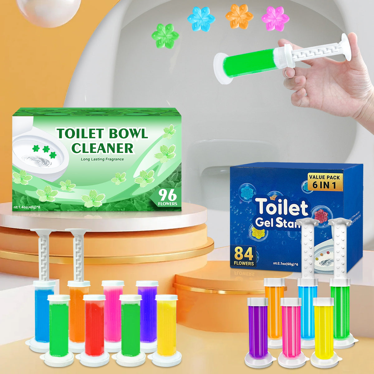 Toilet Cleaning Gel Stamps with Dispenser & Air-Freshening Fragrance – 8 Pieces / 96 Gel Patterns Toilet Bowl Cleaner for Ceramic Surfaces, Bathrooms & Kitchens