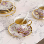 20-Piece Floral Porcelain Tea Set with Metal Holder & Teapot - European Ceramic Espresso Cup and Saucer Set, 3.3oz Cups 15oz Teapot, Afternoon Tea Gift for Golden Pink Purple Flower