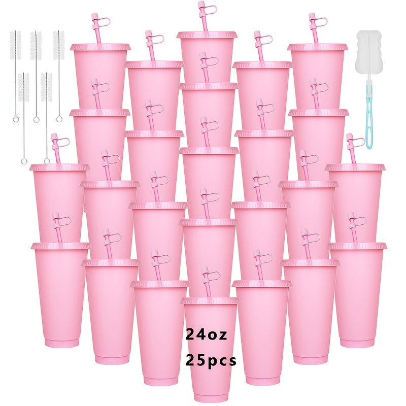 25-Pack Reusable Party Cups 24oz with Lids, Straws & Dust Plugs – Large Plastic Tumblers for Iced Coffee Smoothies Cold Drinks, Includes Cleaning Brush, Multiple Colors