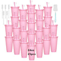 25-Pack Reusable Party Cups 24oz with Lids, Straws & Dust Plugs – Large Plastic Tumblers for Iced Coffee Smoothies Cold Drinks, Includes Cleaning Brush, Multiple Colors