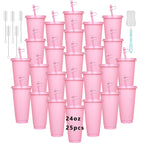 25-Pack Reusable Party Cups 24oz with Lids, Straws & Dust Plugs – Large Plastic Tumblers for Iced Coffee Smoothies Cold Drinks, Includes Cleaning Brush, Multiple Colors