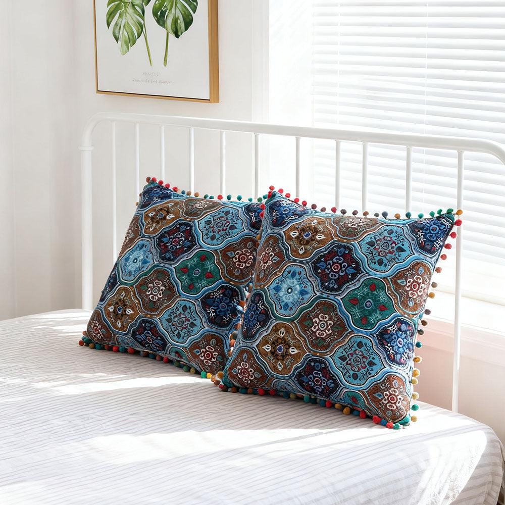 2-Pack Turkish Moroccan Throw Pillows with Inserts Reversible Floral Boho Decorative Pillow 18x18 Inch Polyester Square Cushion Zip Cover for Sofa Couch Bedroom Living Room 7 Colors
