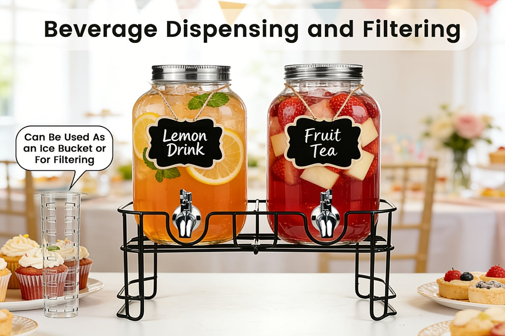 2-Pack Glass Beverage Dispenser with Fruit Infuser, Ice Cylinder & Stainless Steel Spigot – 1 Gallon Lemonade Drink Dispenser for Parties, BBQ, Weddings & Picnics