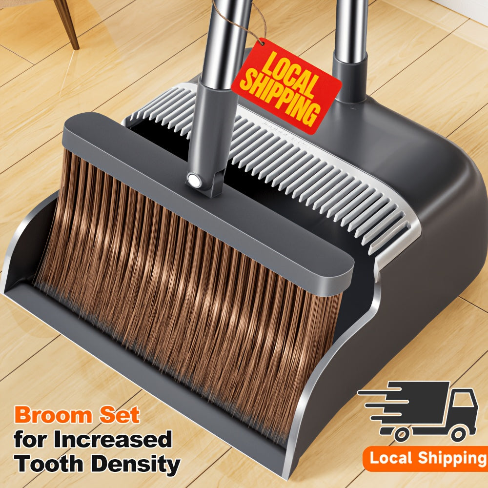 Extended Handle Broom and Dustpan Set with Extra Broom Head – Comb Teeth, Unflagged Bristles & 4-Section Stainless Steel Handle for Hard Floors, Home, Office & Outdoor