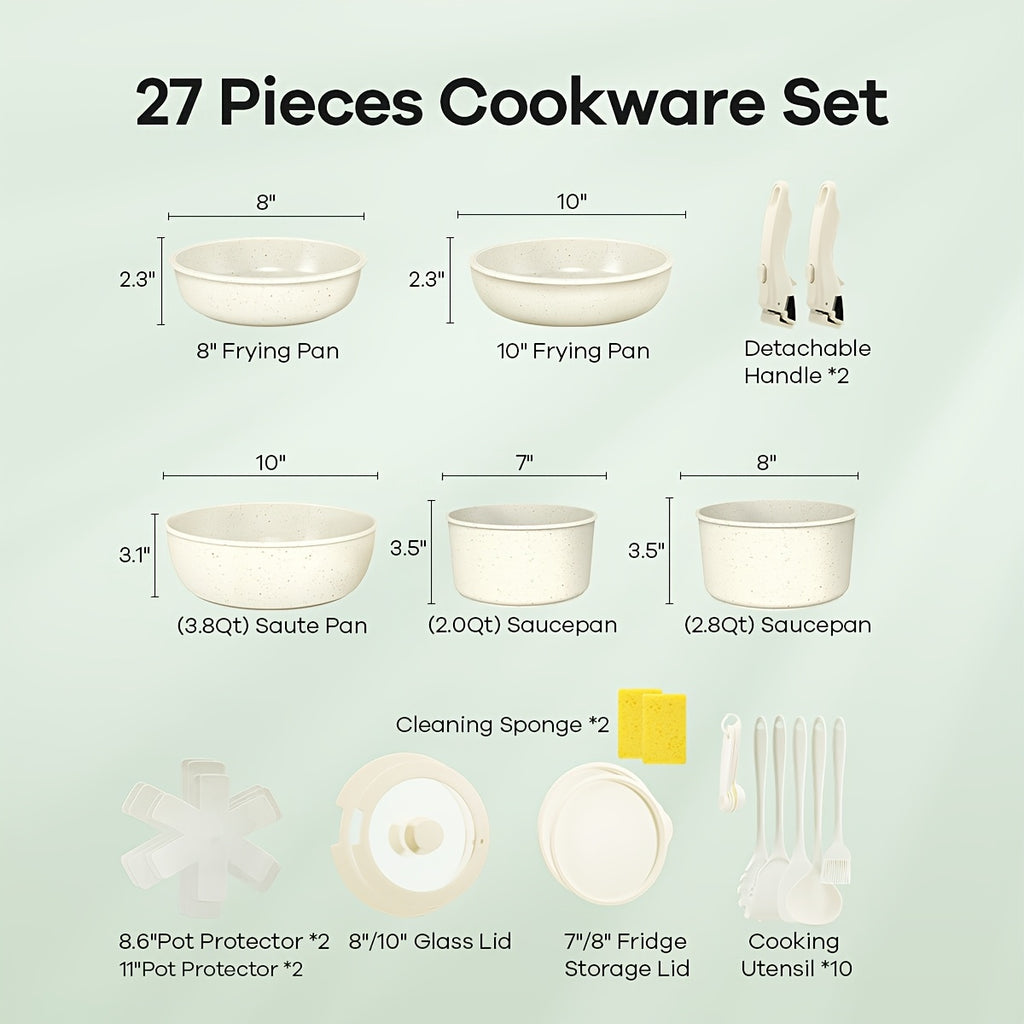 Nonstick Cookware Set 27 Piece with Removable Handles Non-Toxic Induction Compatible Oven and Dishwasher Safe Frying Pans Sauce Pans Complete Kitchen Cooking Set Beige Pink