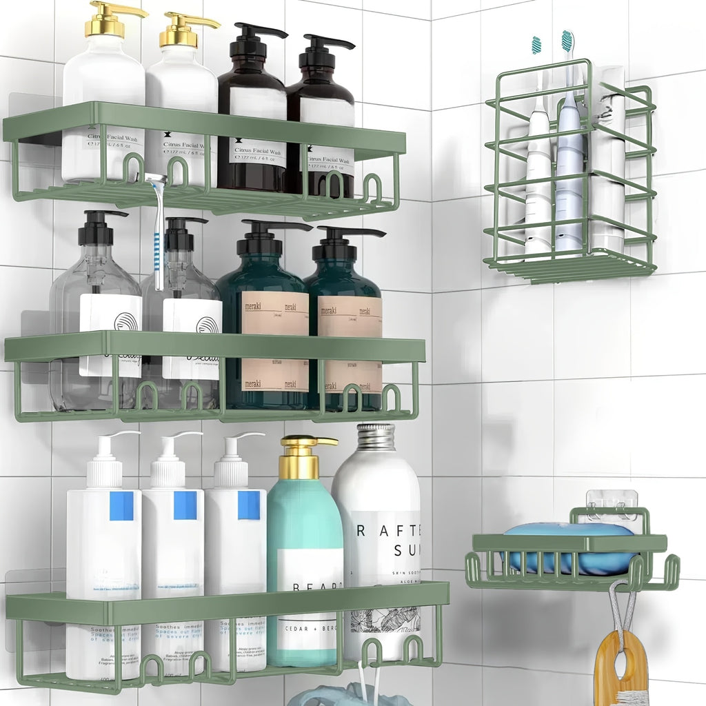 Shower Caddy 5 Pack Self-Adhesive Stainless Steel Shower Organizer Shelf - No Drilling Wall Mounted Bathroom Storage Rack, Large Capacity Rustproof Shower Basket - 10 Color Options