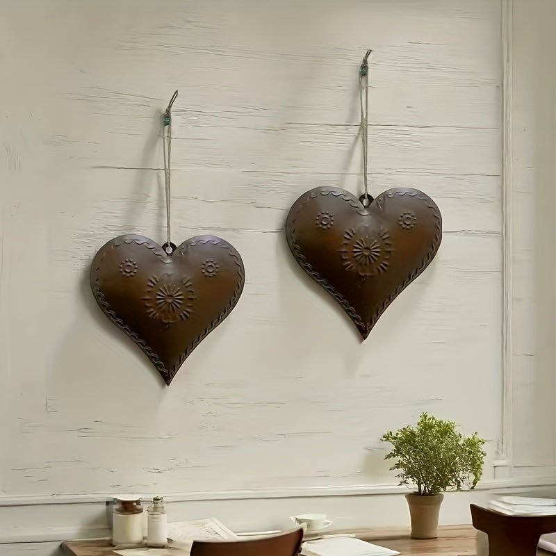 Metal Heart Wall Decor Set of 2 – Bohemian Rustic Iron Heart Wall Hangings with Chain & Rope for Farmhouse, Outdoor, Wedding & Valentine's Day Decor – Vintage Boho Wall Art No Tools Required