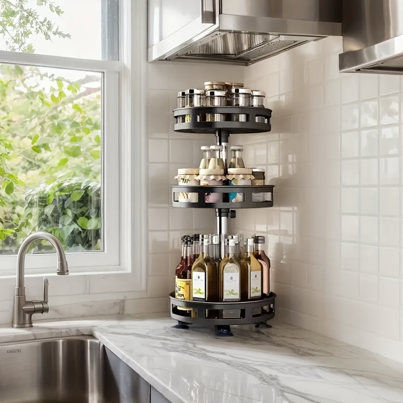 3 Tier Rotating Spice Rack Organizer Metal Turntable for Kitchen Countertop - Spinning Spice Jar Seasoning Storage Rack Black