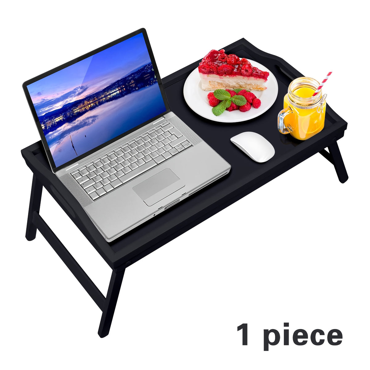 Bamboo Breakfast Tray with Folding Legs 19.5x12 Inch Lap Food Tray with Handle for Bed Sofa Eating Working Drawing Natural Black White Pack of 1 or 2