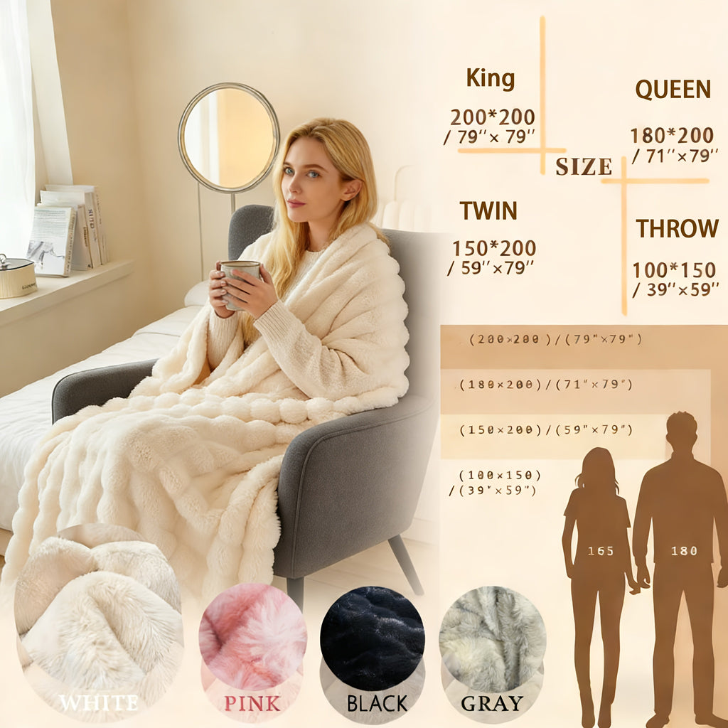 Luxury Faux Rabbit Fur Throw Blanket – Super Soft Plush Warm Blanket for Couch Bed Office Travel, 4 Colors, Throw Twin Queen King, All-Season Gift
