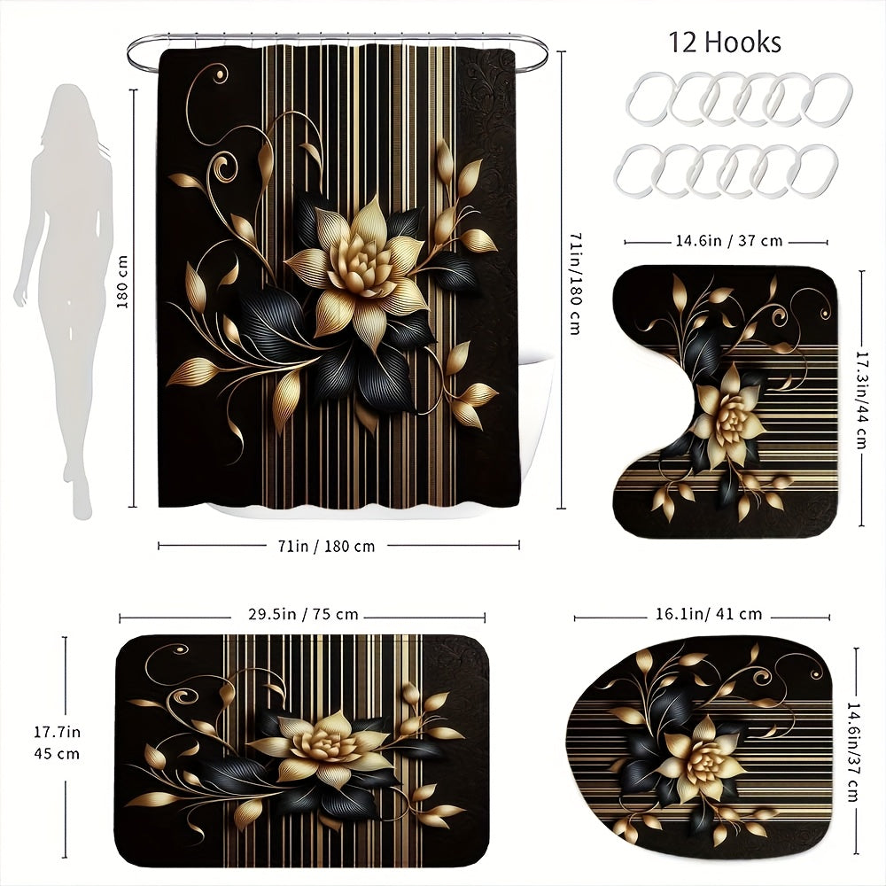 Black Gold Floral Shower Curtain Set 4 Piece with Hooks Anti-Slip Bath Rug Toilet Lid Cover & U-Shaped Mat – 71x71 Inch Luxury Bathroom Decor