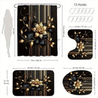 Black Gold Floral Shower Curtain Set 4 Piece with Hooks Anti-Slip Bath Rug Toilet Lid Cover & U-Shaped Mat – 71x71 Inch Luxury Bathroom Decor