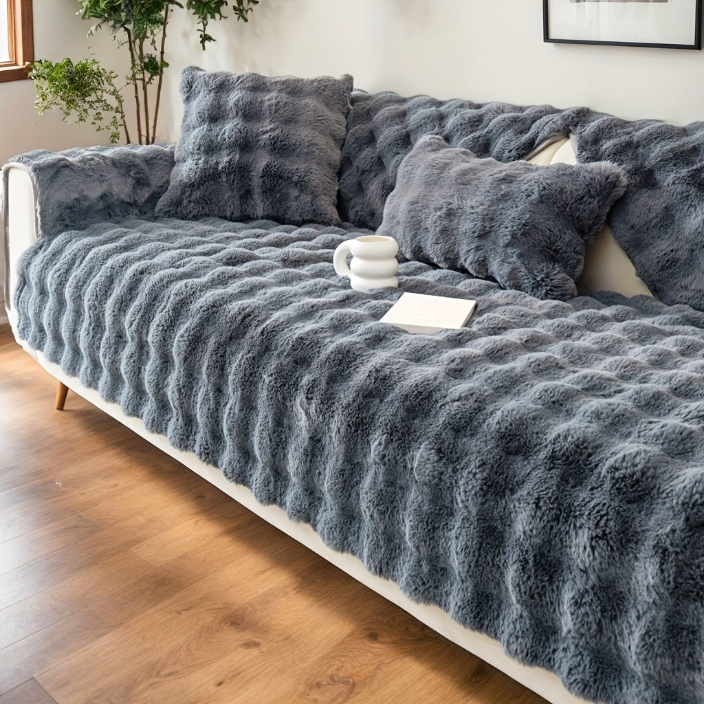 Plush Sofa Cover Rabbit Fur Like Cushion – Anti-Slip Wear-Resistant Pet Friendly Sofa Protector, 450-500GSM Polyester, Machine Washable, Home Decor