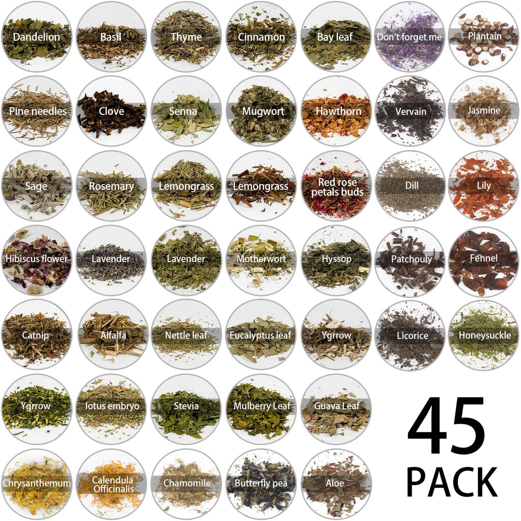45 Bottles Dried Herbs & Flowers Kit with Crystal Spoon – Beginner Altar Supplies for Wicca, Pagan Magic, Incense, Bath & Spells, Unique Gift for Mother’s Day, Graduation & Wedding
