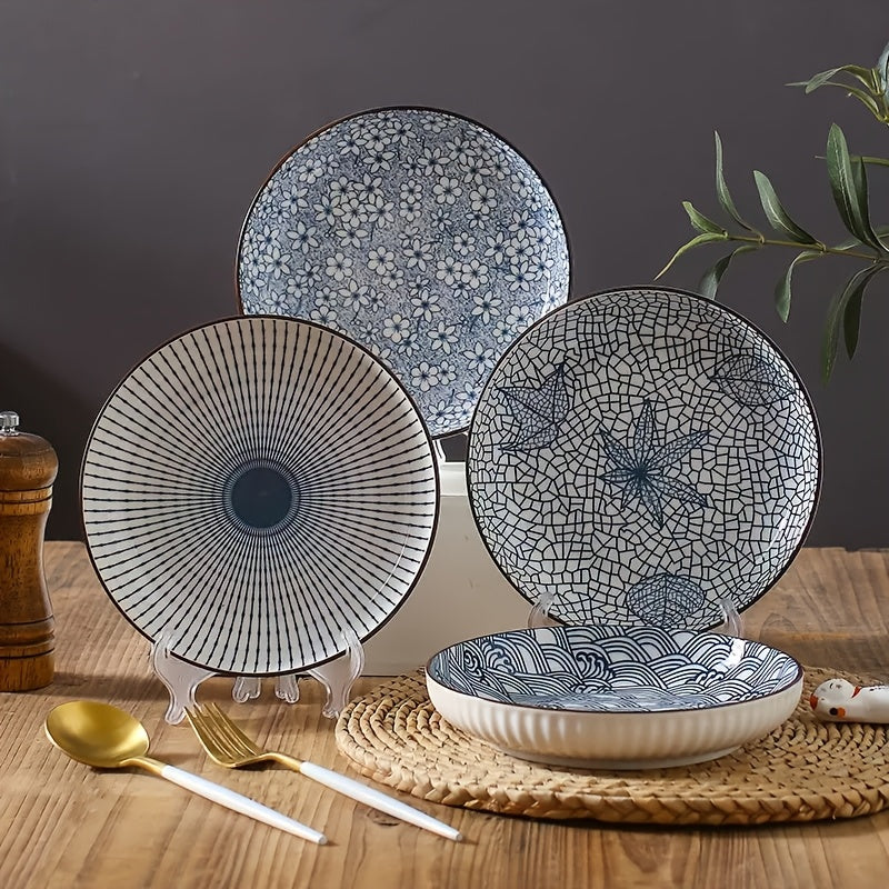 Nordic Ceramic Dinner Plates 8-Inch Set of 4 – Yamada Pattern & Springlight Stripe Serving Plates Underglaze Color Non-Slip Edge Round Steak Plate for Home Kitchen Dining