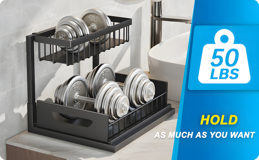 Under Sink Organizer 2-Pack 2-Tier Slide-Out Pull-Out Cabinet Shelf - Heavy Duty Carbon Steel with Adjustable Compartments for Kitchen, Bathroom, Pantry & Closet Organization