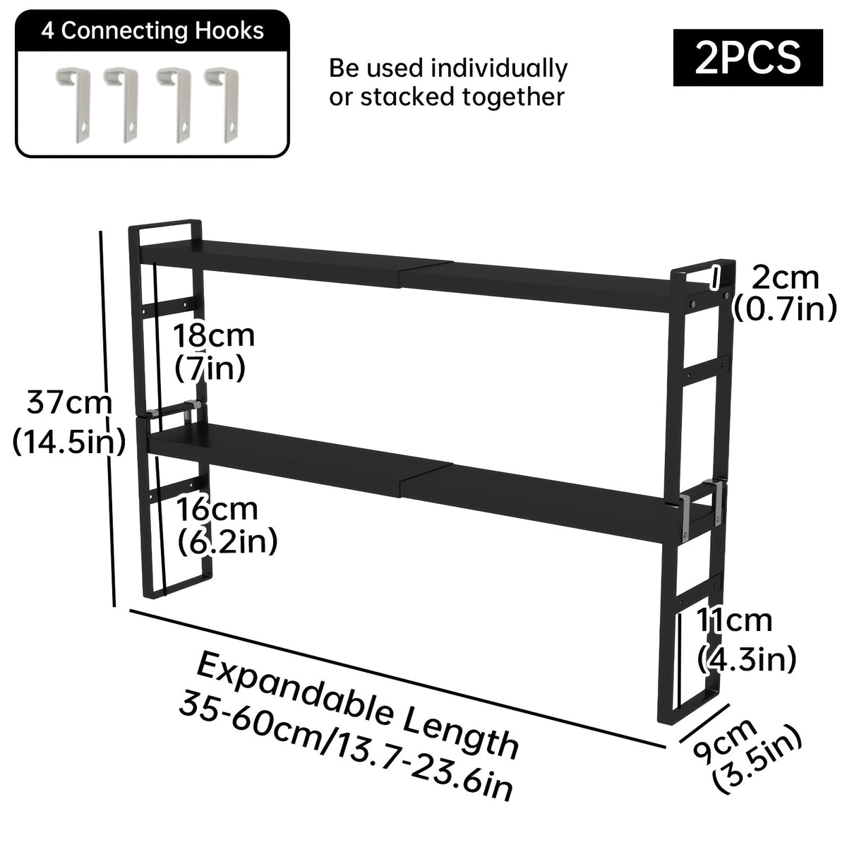 Narrow Tall Shelf Organizer for Kitchen, Windowsill & Bathroom – Stackable Thin Shelves for Narrow Spaces | Scalable Countertop Rack & Window Plant Stand | Black & White
