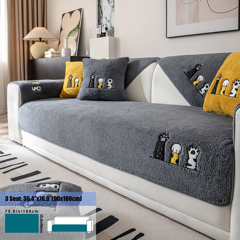 Sherpa Sofa Cover with Cat Paw Embroidery – Thick Plush Non-Slip Couch Slipcover, Pet-Friendly & Machine Washable Furniture Protector